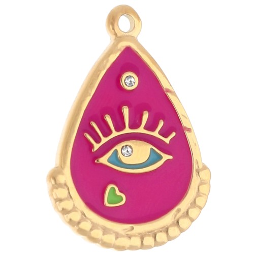 Pendant Eye 26x18mm Epoxy Resin - 304 Stainless Steel Fuchsia Gold x1