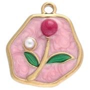 Irregular charm 15.5x14mm flower pattern with epoxy - Stainless steel 304 Gold - Pink