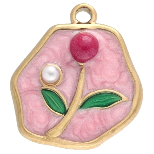 Irregular charm 15.5x14mm flower pattern with epoxy - Stainless steel 304 Gold - Pink