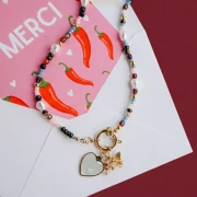 4 mm disc charm with dyed Strawberry Quartz gemstone, 304 stainless steel, gold-plated