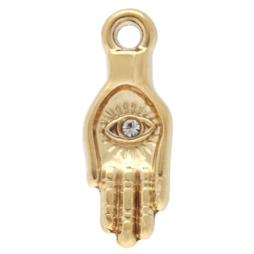 Hand charm 15x5.5 mm with eye pattern and rhinestones - 304 stainless steel, gold-plated x1