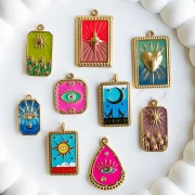 Rectangle pendant star pattern epoxy resin 28x18 mm Stainless steel 304 Gold Blue x1