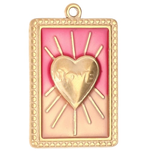 Rectangle pendant heart pattern epoxy resin 28x18 mm Stainless steel 304 Gold Red x1