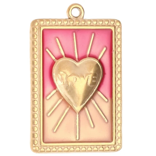 Rectangle pendant heart pattern epoxy resin 28x18 mm Stainless steel 304 Gold Red x1