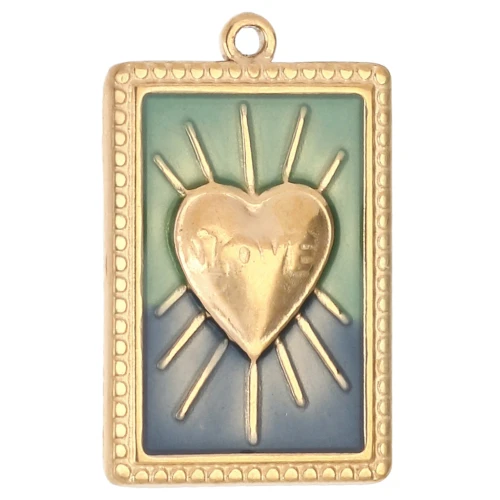 Rectangle pendant heart pattern epoxy resin 28x18 mm Stainless steel 304 Gold Blue x1