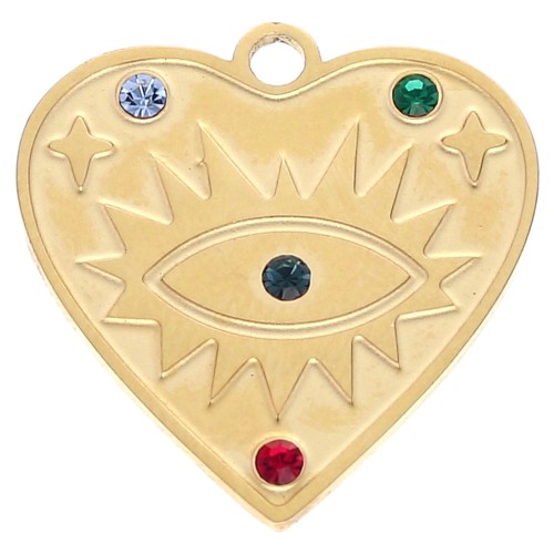 Heart pendant 20 mm eye pattern with rhinestones - 304 Gold stainless steel x1