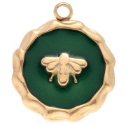 Round bee charm 15 mm Epoxy resin - 304 Gold stainless steel - Green x1|raw }}