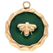 Round bee charm 15 mm Epoxy resin - 304 Gold stainless steel - Green x1
