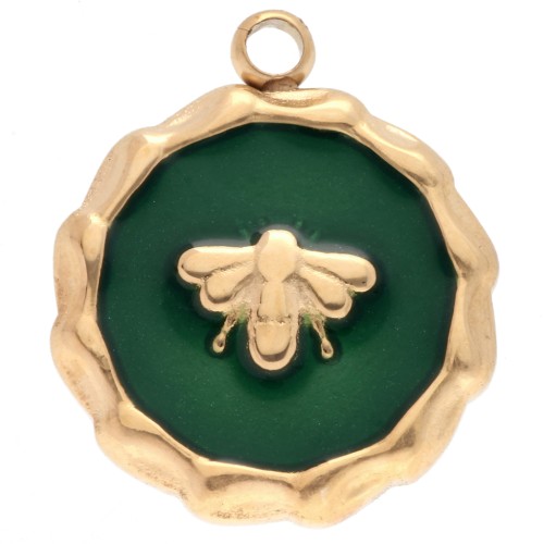 Round bee charm 15 mm Epoxy resin - 304 Gold stainless steel - Green x1