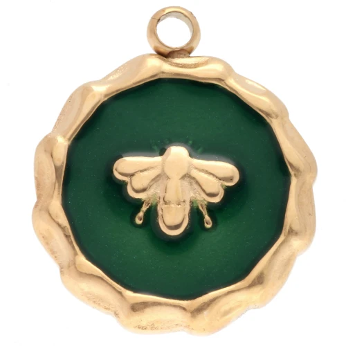 Round bee charm 15 mm Epoxy resin - 304 Gold stainless steel - Green x1