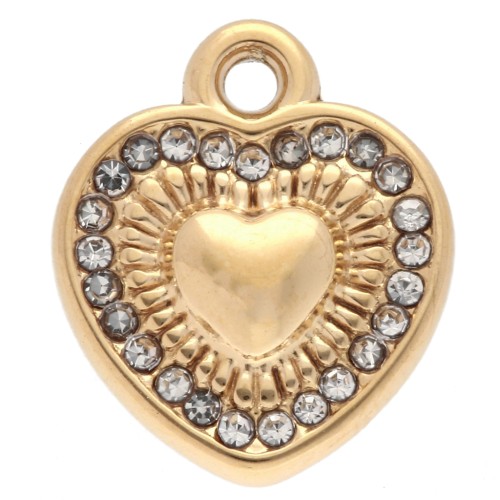 13x11 mm heart charm with rhinestones - 304 Gold stainless steel - Crystal x1