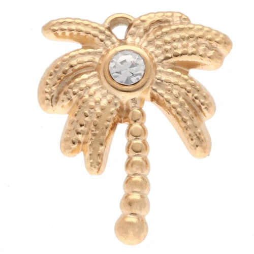 Palm tree charm 17x13 mm with rhinestones - 304 Gold stainless steel - Crystal x1