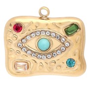 Rectangle pendant 19x21mm with eye pattern and rhinestones 304 stainless steel Gilded - Multicolored|raw }}