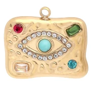 Rectangle pendant 19x21mm with eye pattern and rhinestones 304 stainless steel Gilded - Multicolored
