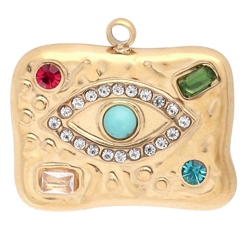 Rectangle pendant 19x21mm with eye pattern and rhinestones 304 stainless steel Gilded - Multicolored