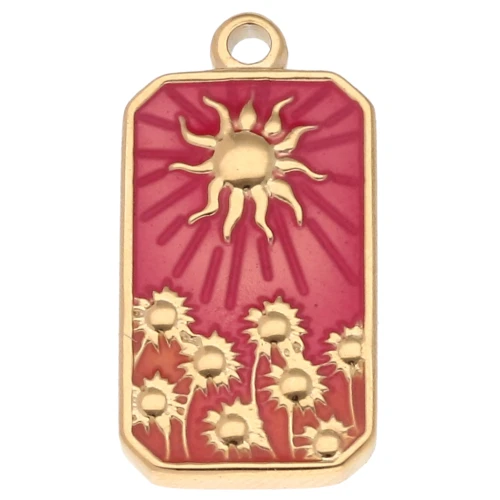 Rectangle Sun pattern pendant 26x13 mm epoxy resin 304 stainless steel Gold Orange