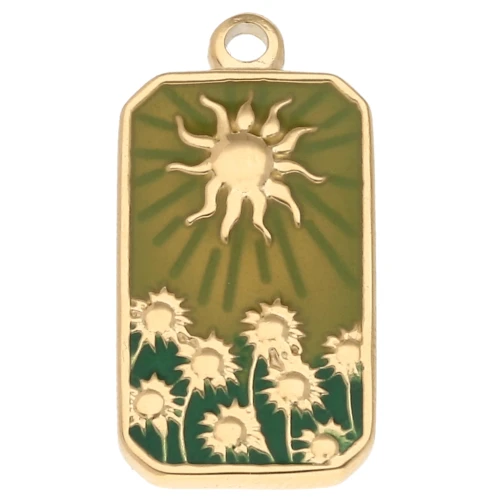 Rectangle Sun pattern pendant 26x13 mm epoxy resin 304 stainless steel Gold - Green