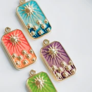 Rectangle Sun pattern pendant 26x13 mm epoxy resin 304 stainless steel Gold - Green