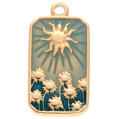 Rectangle Sun pattern pendant 26x13 mm epoxy resin 304 stainless steel Gold Blue