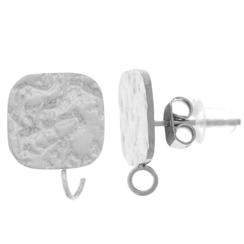 Square hammered earstuds 14x10 mm - Stainless steel 316L x2