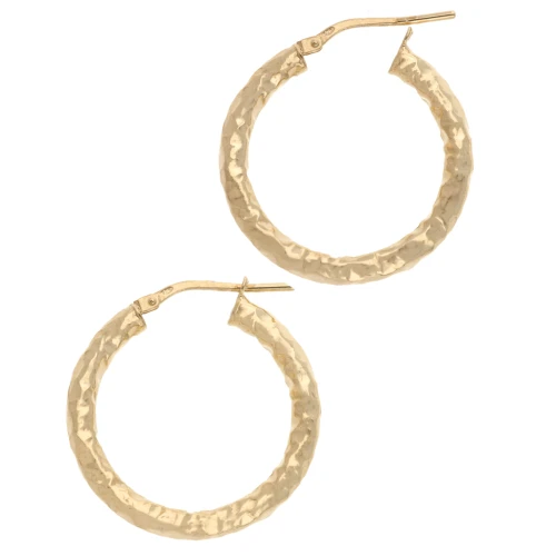 Hammered round hoop earrings 26 mm - Wire 3 mm - 925 Sterling Silver Fine gold plated x2