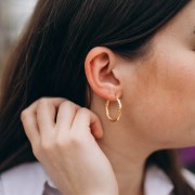 Hammered round hoop earrings 26 mm - Wire 3 mm - 925 Sterling Silver Fine gold plated x2