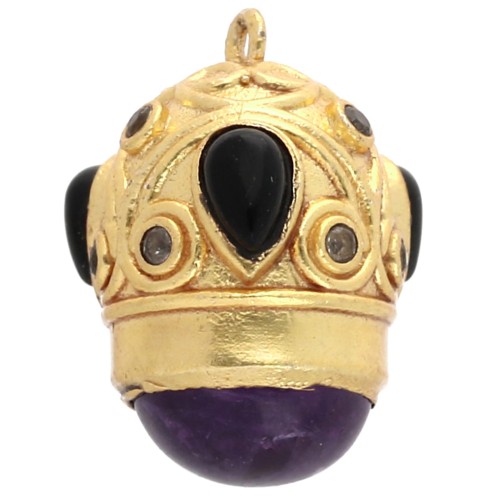Ethnic pendant 20x15mm CZ & gemstone - Fine gold plated - Amethyst - Black onyx