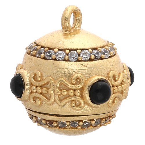 19 mm round flat charm with CZ and gemstone - Gilded with fine gold - Black onyx