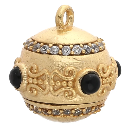 19 mm round flat charm with CZ and gemstone - Gilded with fine gold - Black onyx