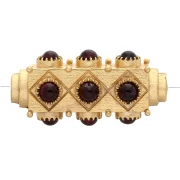 Ethnic tube bead 28x14 mm with gem cabochons - Gilded with fine gold - Garnet x1