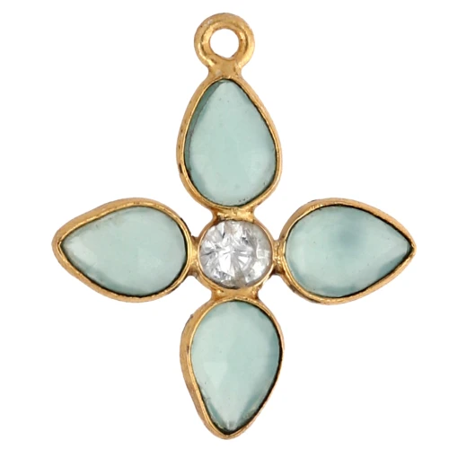Flower pendant 24x21 mm imitation gem & CZ - Fine gold - Aqua Calcedoine