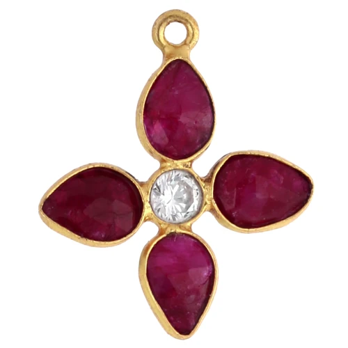 Flower pendant 24x21 mm imitation gemstone and CZ - Fine gold plated - Ruby