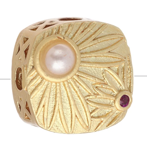 10 mm square bead with mother-of-pearl and zirconium oxide cabochon - Gold-plated x1