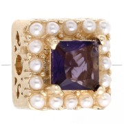 9 mm square bead - mother-of-pearl and zirconium oxide cabochons - Gilded with fine gold - Violet|raw }}