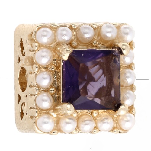 9 mm square bead - mother-of-pearl and zirconium oxide cabochons - Gilded with fine gold - Violet