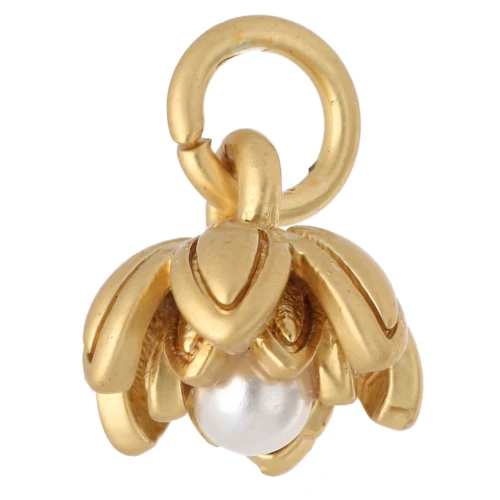 8 mm flower charm with mother-of-pearl cabochon - Gilded with fine gold - White x1