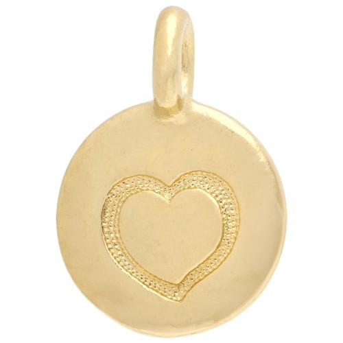 Round charm 12 mm - heart pattern - Fine gold plated x1