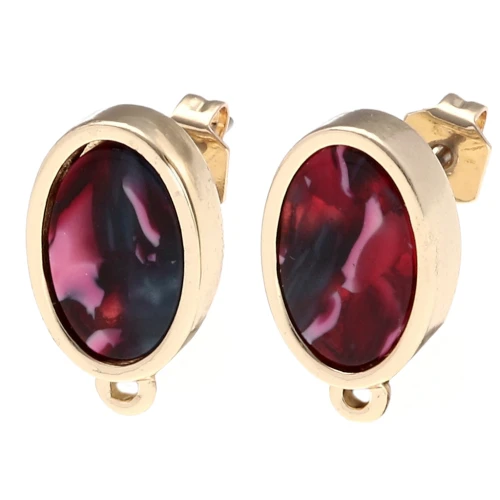 Oval stud earrings 16x10 mm with epoxy resin - Gold - Marbled Red - Blue x2