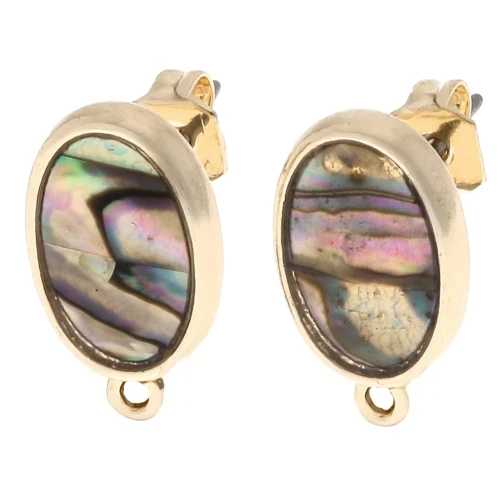 Oval stud earrings 16x9.5 mm with epoxy resin - Gold - Marbled Brown - Mother of pearl x2