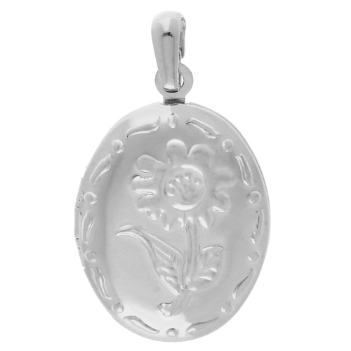 Oval Photo Frame Pendant 26x18 mm - Flower motif - Fine silver plating x1