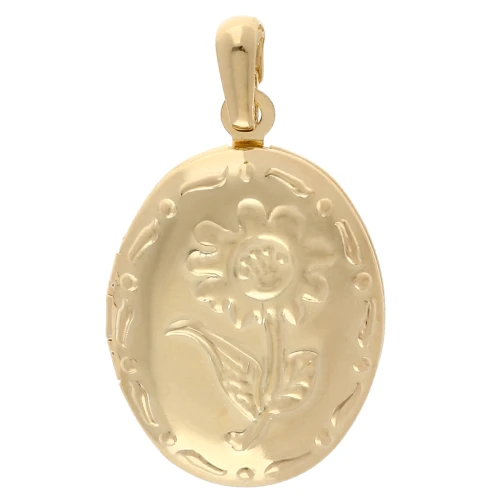 Oval Photo Frame Pendant 26x18 mm - Flower motif - Gilded with fine gold x1