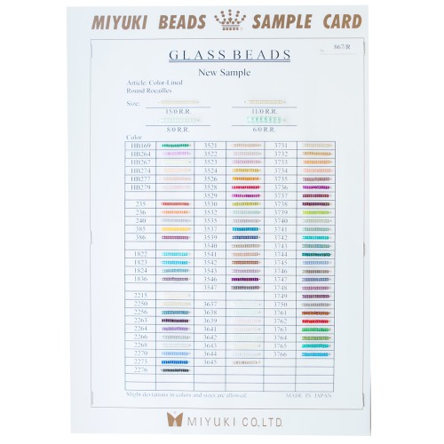 Miyuki Seed Beads Color Chart 6/0, 8/0, 11/0, and 15/0 Sample Card (No. 867/R) Colord Lined