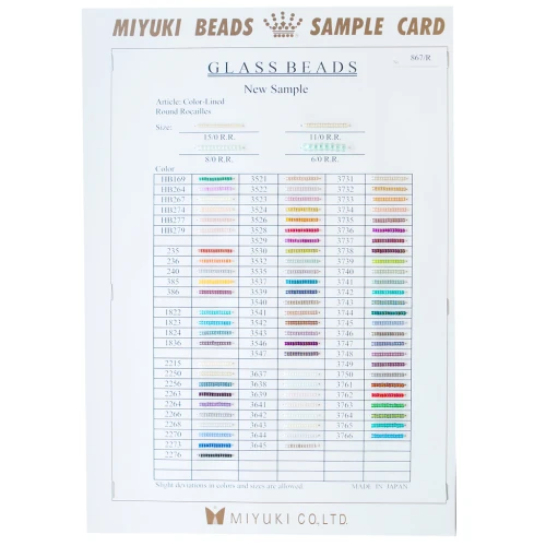 Miyuki Seed Beads Color Chart 6/0, 8/0, 11/0, and 15/0 Sample Card (No. 867/R) Colord Lined