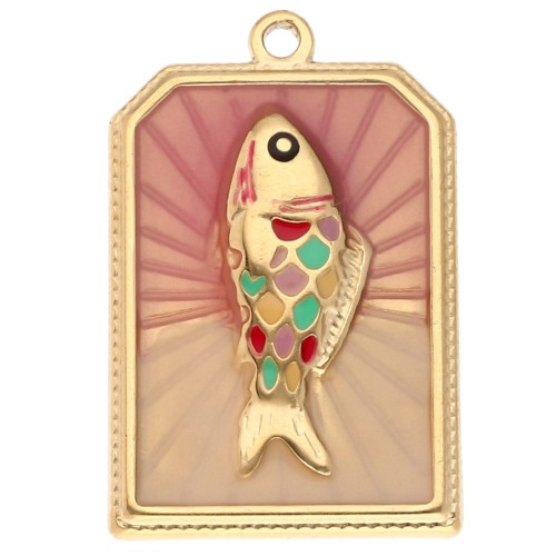 Rectangle fish pendant 28x18 mm epoxy resin 304 stainless steel gold - Pink