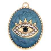 Oval 20x15 mm eye pendant - epoxy and rhinestones - 304 Gold stainless steel - Blue|raw }}