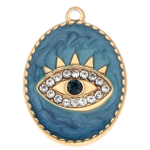 Oval 20x15 mm eye pendant - epoxy and rhinestones - 304 Gold stainless steel - Blue