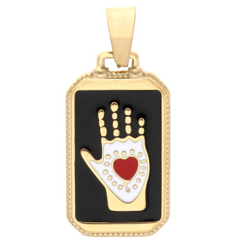 Rectangular pendant 26x14 mm hand heart motif - epoxy - 304 Gold stainless steel - Black