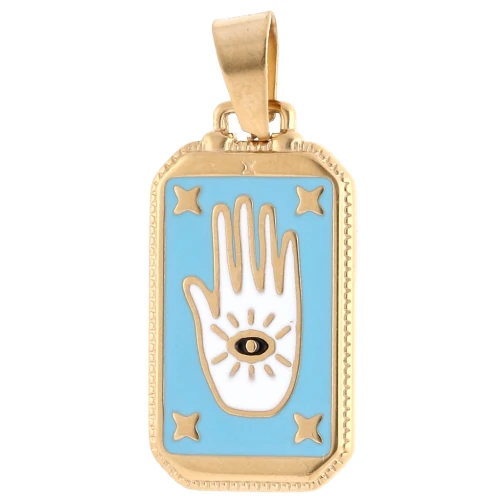 Rectangle pendant 26x14 mm hand-eye motif - epoxy - 304 Gold stainless steel - Blue