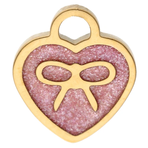 10x9 mm heart charm with bow motif and epoxy - 304 Gold stainless steel - Pink glitter