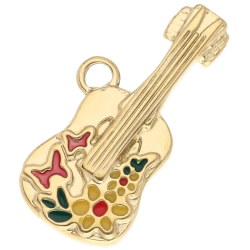 Flowered guitar pendant 17x26mm epoxy resin - 304 Gold stainless steel - Multicolor